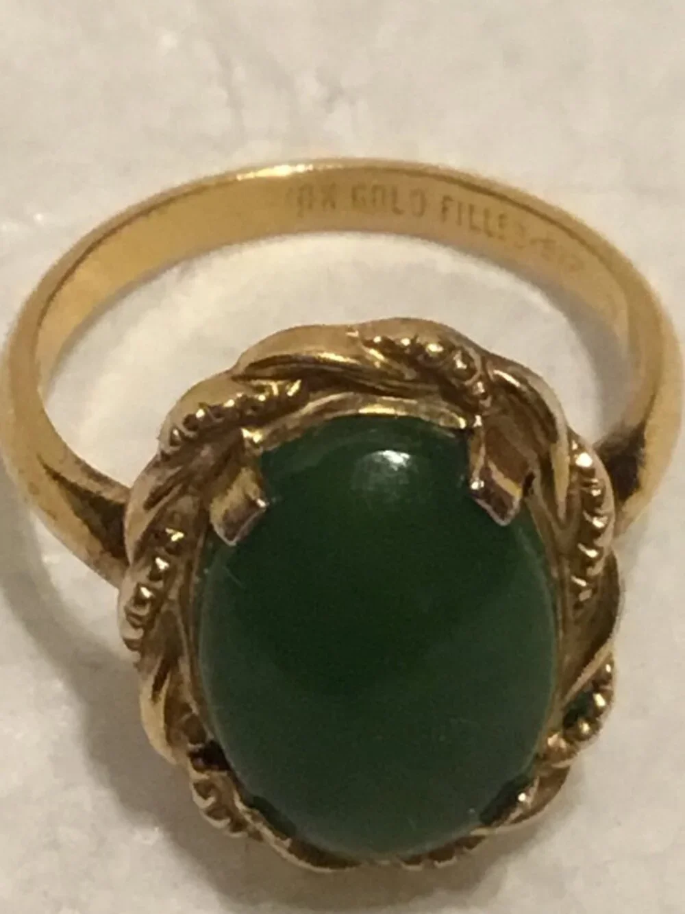 Vintage antique 10K gold filled ring with large oval green stone size 7